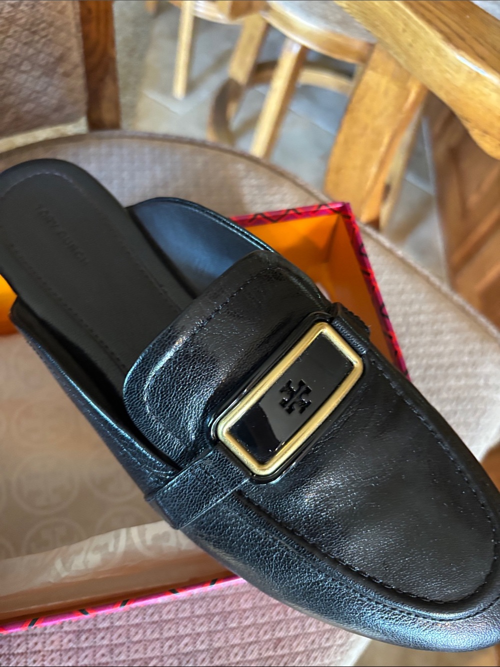 Tory Burch Black Leather Logo Buckle Slip-On Loafers - Picture 6 of 6